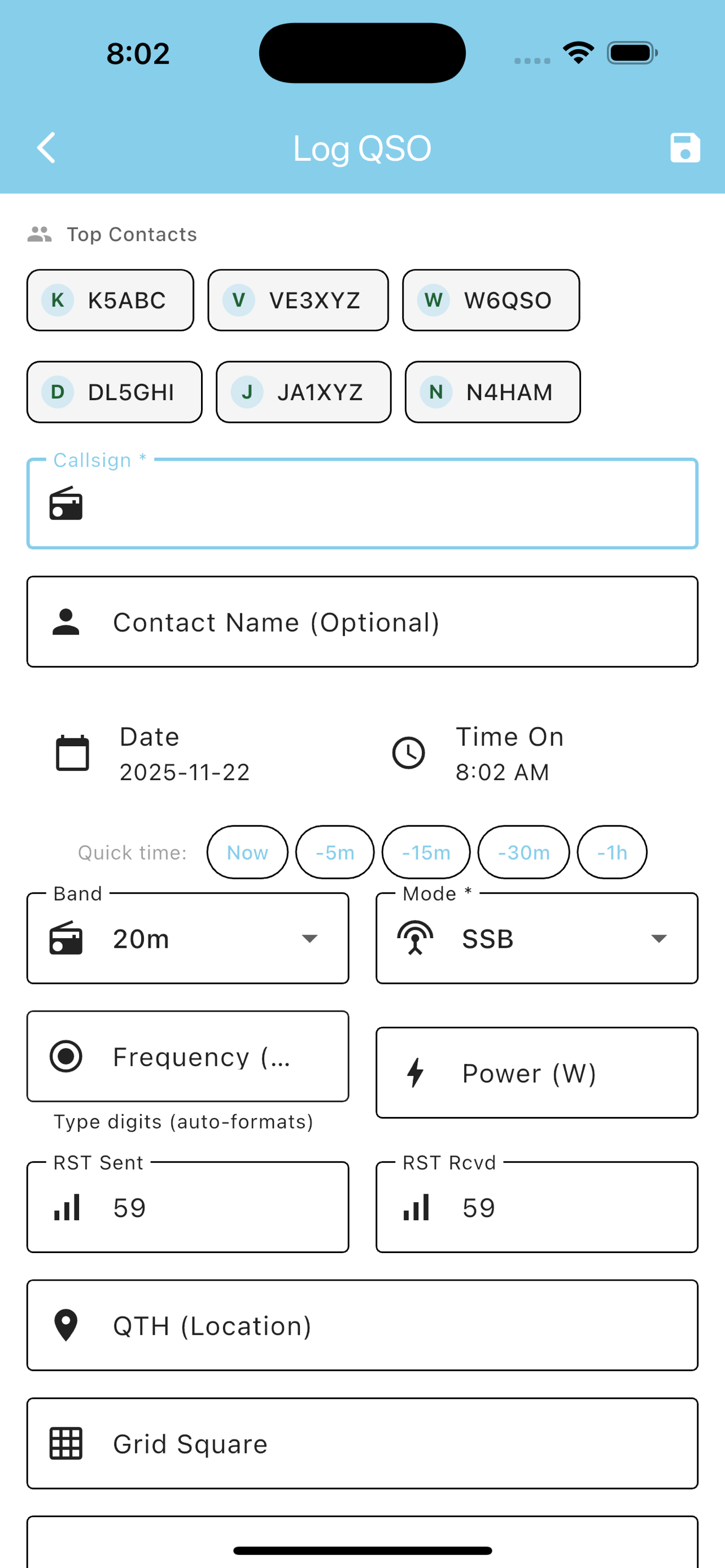 Log QSO - Quick contact entry form